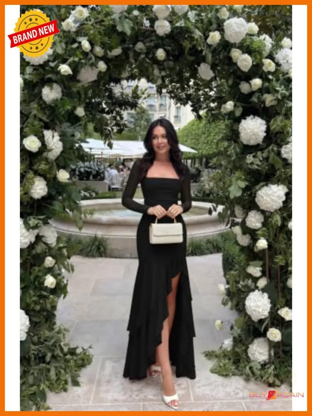 Women's Long Sleeve Ruffle Hem Split Mesh Maxi Dress Bodycon Fitted